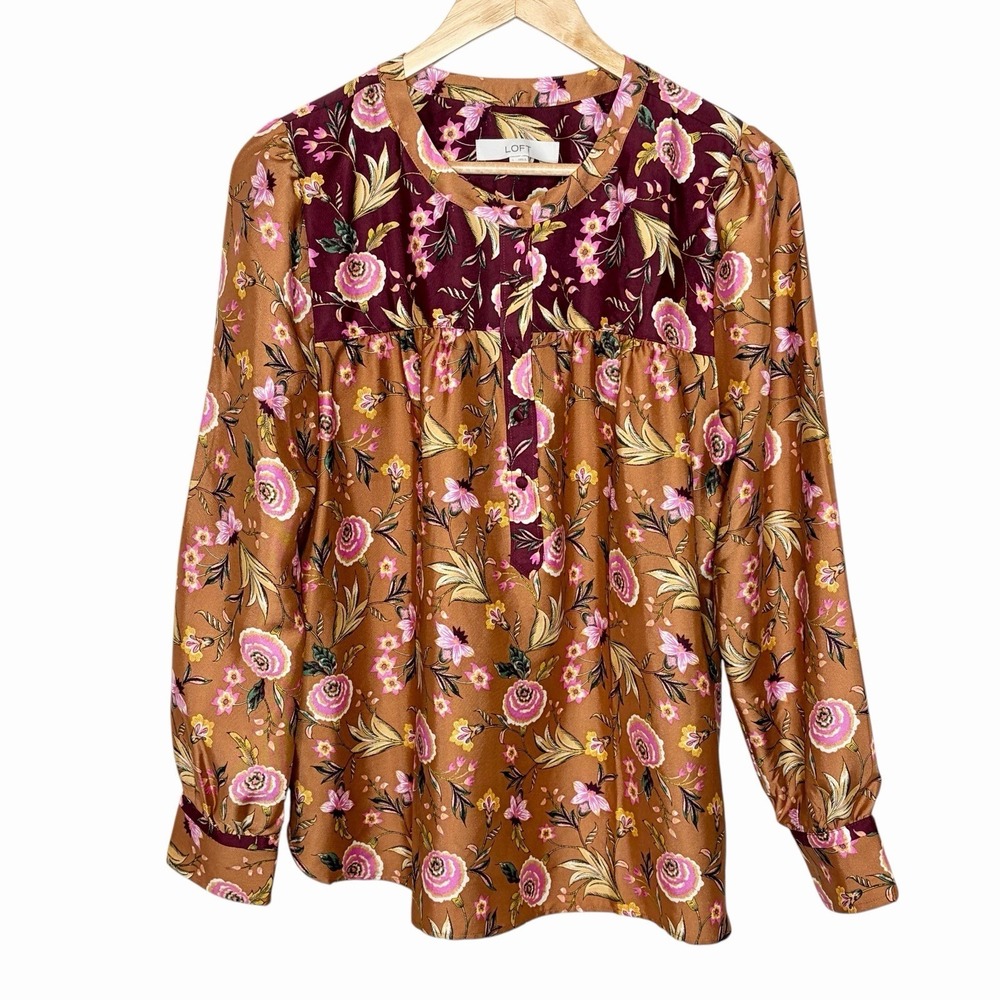 Loft Boho Floral Blouse Top Brown Pink Womens Size L Artsy Colorful Career Work